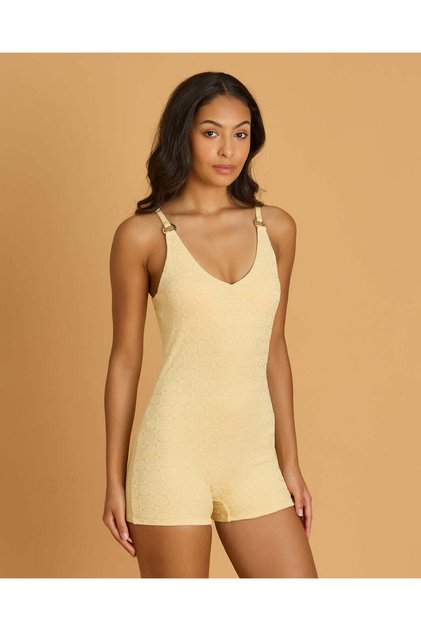 Women Yellow Sleeveless Unitard Swimsuit