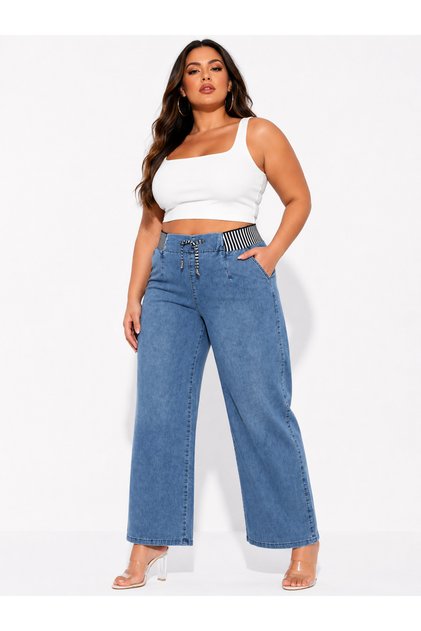 Plus Size Denim Elastic Waist Wide Leg Women's Trousers