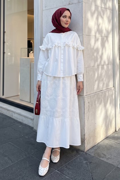 Ruffle and Stone Detailed Lined One-Button Skirted Hijab Suit White - White