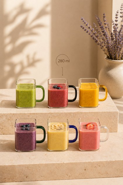 6'lı Renkli Kulplu Isıya Dayanıklı Bardak 280 ML