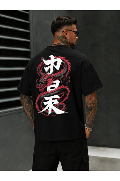 Men's Black Oversize T-Shirt with Dragon Back Print