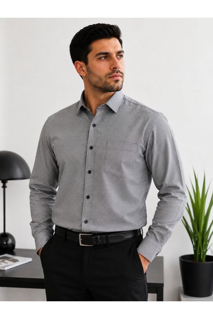 Wide Cut Long Sleeve Micro Pattern Classic Collar Men's Shirt