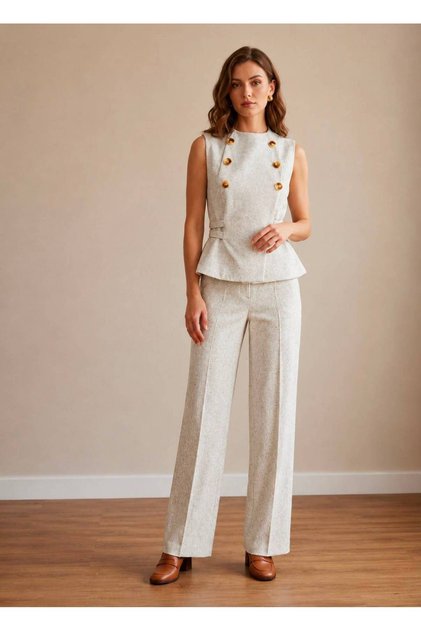Women's Ecru Button Detailed Top and Bottom Set