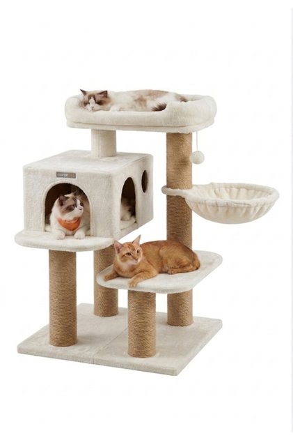 Roma Kırık Beyaz Çok Katlı Yıkanabilir Wellsoft Kumaş Ağır MDF Taban Kedi Tırmalama Ve Oyun Evi Kedi Ağacı