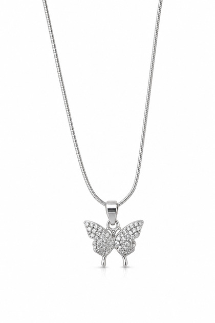 Gray Steel Necklace with Zircon Stone and Butterfly Figure - Stylish and Durable Women's Jewelry