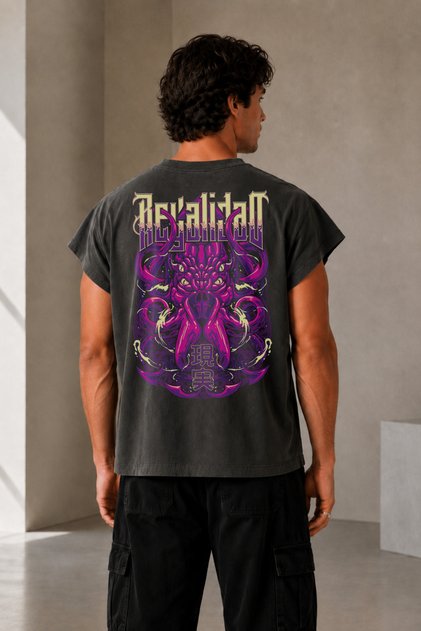 Oversize Octopus Printed Back Detail Casual Street Wear Crew Neck Boxy Worker T-Shirt