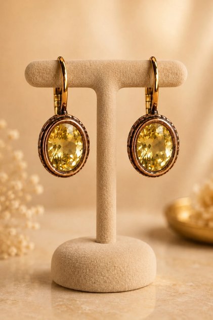 Women's Earrings Copper Yellow Citrine Natural Stone Oval Model Women's Copper Earrings
