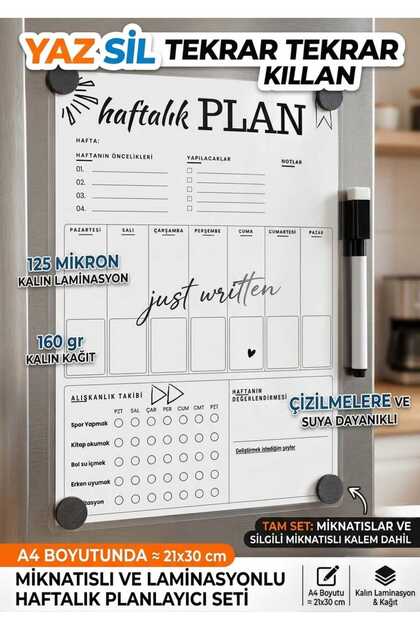 Yaz Sil Mıknatıslı Haftalık Planlayıcı ve Alışkanlık Takip Panosu Manyetik Buzdolabı Planlayıcı LAMİNASYON (PVC) A4 Motivasyon ve Alışkanlık Takibi To Do List Yapılacaklar Listesi Öncelikli