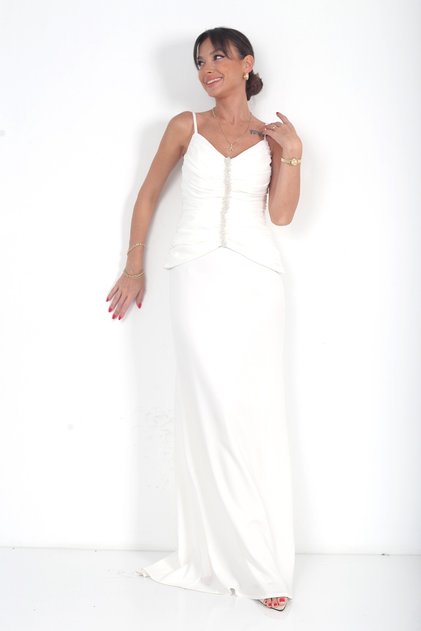 Women's Thin Strap Lined Front Gathered Bocuk Detailed Top Satin Skirt Crepe Long Dress