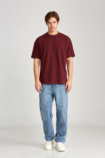 Men's Oversize Unprinted Double Face Thick Burgundy T-Shirt