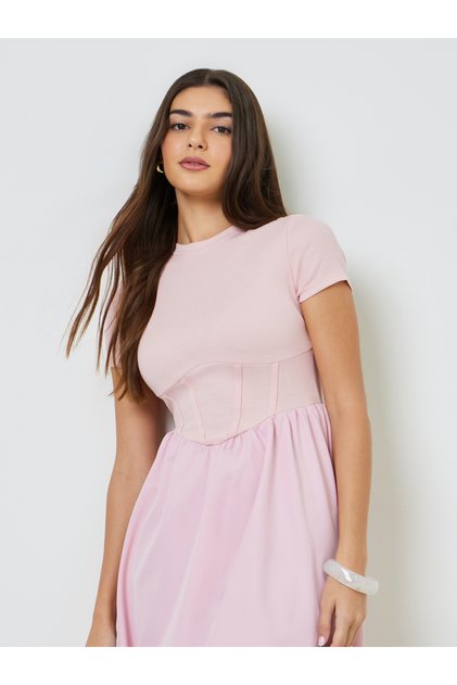 Pink Corset Waist A-Line Midi Dress