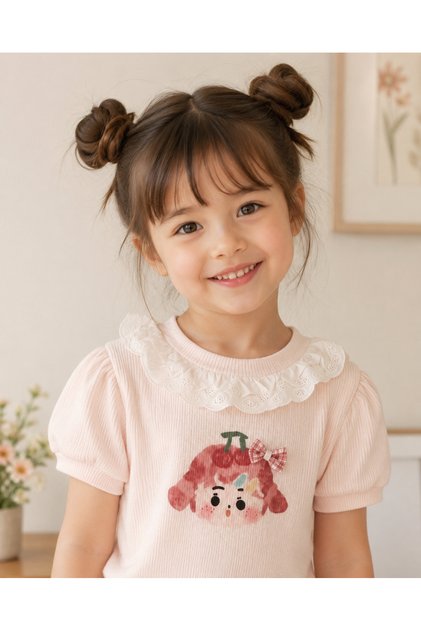 Short Sleeve Scallop Collar Powder Color Cute Girls' Printed Cotton T-Shirt