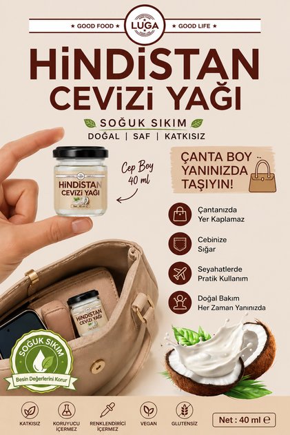 Hindistan Cevizi Yağı 40 ml - Soğuk Sıkım, %100 Saf ve Doğal, Katkısız, Yeni Üretim, TAZE ÜRÜN, Cep Çanya Boy