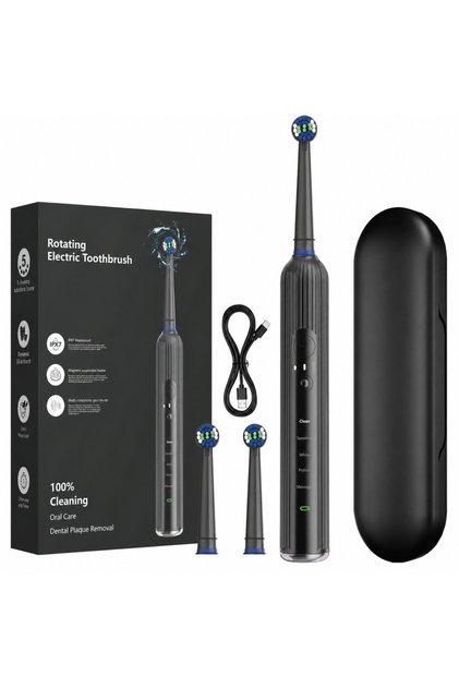 Periuță de dinți electrică rotativă, 5 moduri de curățare, IPX7, reîncărcabilă USB, 2 capete de rezervă, husă de transport, negru