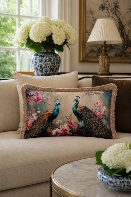 Peacock Patterned Tasseled Babyface Woven Throw Pillow Cover