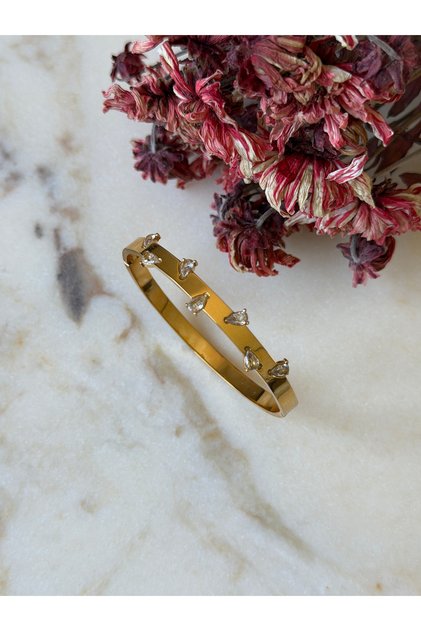 Anti-Tarnish Steel Cuff Bracelet with Drop Stone Detail