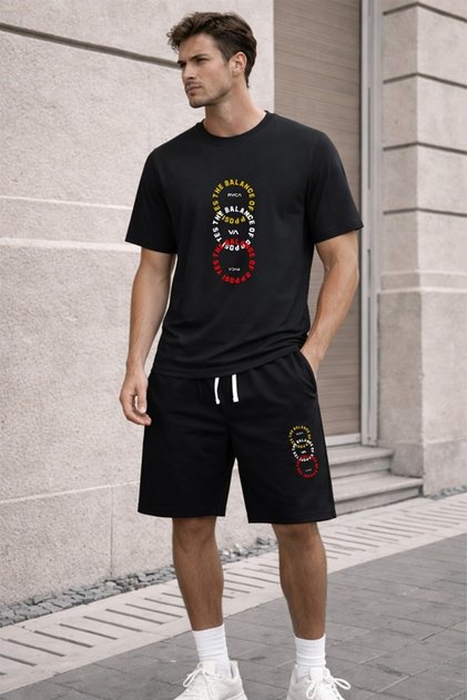Unisex Oversize T-Shirt Shorts Set Printed Summer Casual Sports Combination Two-Piece Set Comfortable Fit Cotton Ring Balance Printed