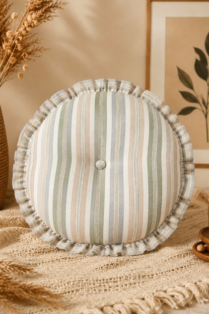 45 cm Round Ruffled Throw Pillow – Pastel Striped Linen Look Silicone Filled Decorative Pillow - Bohemian Pillow