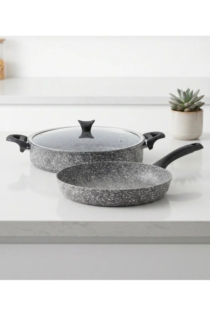 Taç Nostalji Gray 3-Piece Cookware Set 32 cm Flat Pot 32 cm Pan