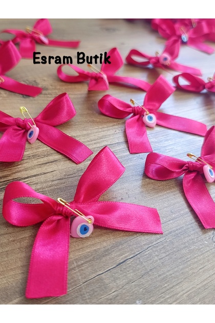Fuchsia Satin Evil Eye Beaded Ribbon Bow, Bundle, Dowry, Wedding, Engagement, Circumcision, Parcel, Gift Decoration 10 Pieces