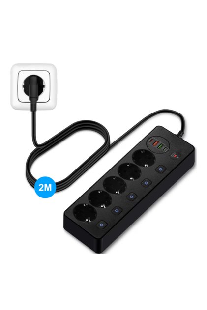 Έξυπνο Πολύπριζο 9 σε 1 Simply Joy, 3000W, 5 Πρίζες AC, 2 Θύρες USB-A, 2 Θύρες USB-C, 5 Ανεξάρτητοι Διακόπτες, Πολυλειτουργική Πρίζα με Καλώδιο, Προστασία από Υπερφόρτωση, Καλώδιο 2 μέτρων, Μαύρο