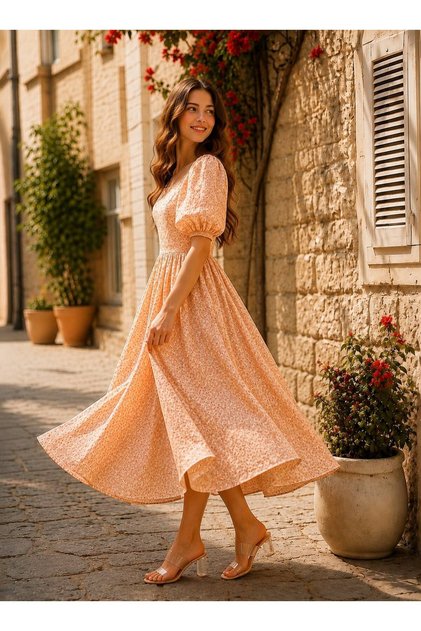 Rochie de damă cu guler pătrat și croială evazată Salmon Daisy