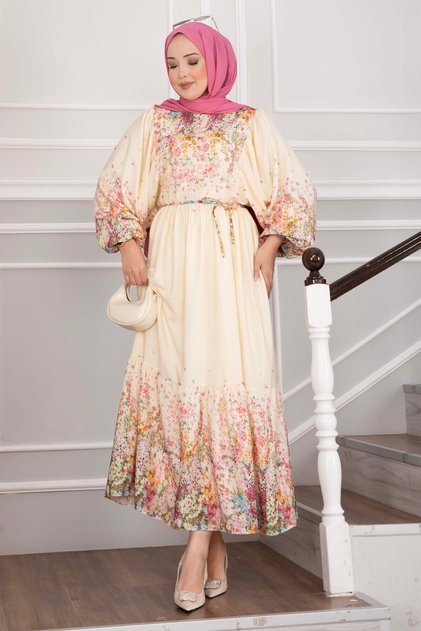 Floral Pattern Half Button Dress Yellow