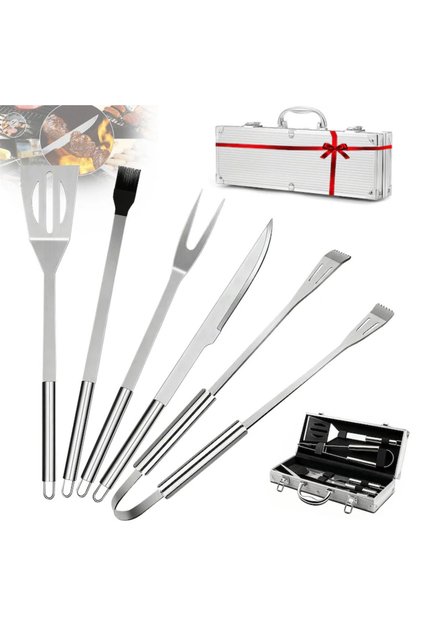 Set de 5 ustensile de grătar din oțel inoxidabil, accesorii profesionale de bucătărie, spatulă, furculiță, cuțit, clește, perie, geantă pentru depozitare și transport, cadou de accesorii pentru grătar.