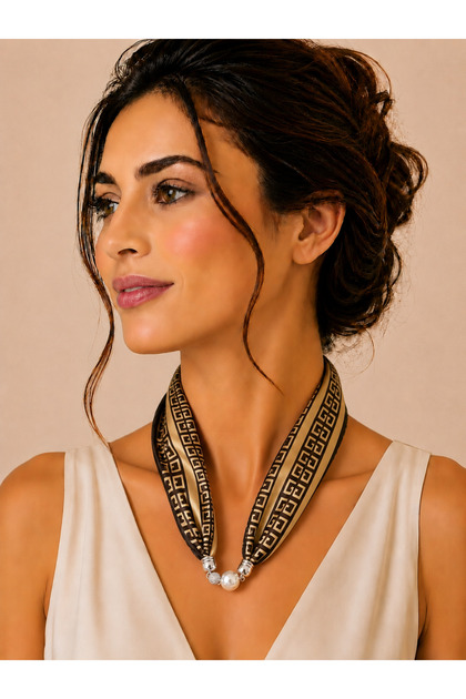 Special Series Silky Satin Zircon Stone and Pearl Detailed Magnetic Scarf Coffee-Cream - 57cm