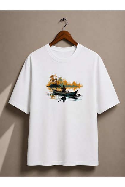 Silent Voyage Premium Unisex White Printed T-Shirt | Sunset Kayak Design