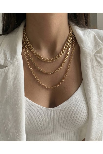 Trend 3'lü Zincir Kombin Kolye – Gold