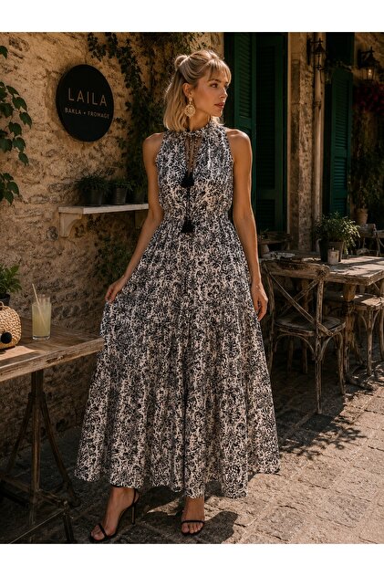 halter neck collar dress LaraLisa 70% Viscose 30% Silk Hakim Women's Summer with Elastic Waist short halter neck summer dress