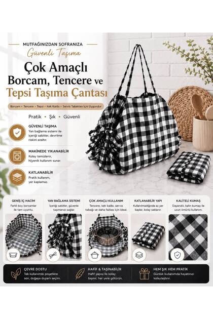 Çok Amaçlı Borcam Tencere Tepsi Taşıma Çantası | Ayarlanabilir Büzgülü | Katlanabilir Mutfak Taşıma Çantası