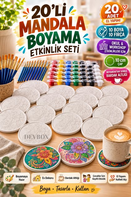 20'li Mandala Bardak Altlığı Boyama Etkinlik Seti | 10 Boya + 10 Fırça | Okul, Workshop ve Grup Aktiviteleri İçin DIY Boyama Etkinlik