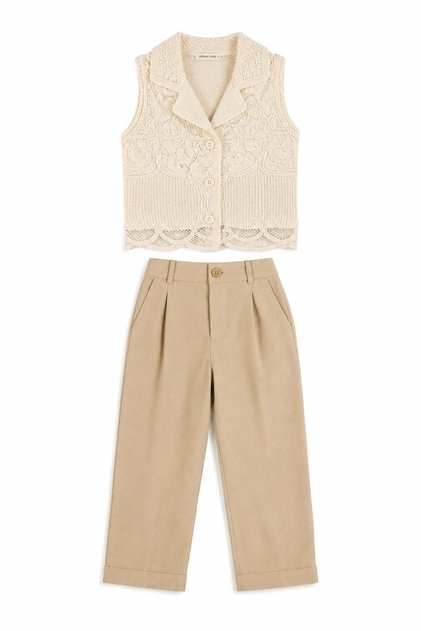 Nk Girl's Crochet Vest and Pleated Palazzo Pants Two-Piece Set 8-14 Years Old Cream