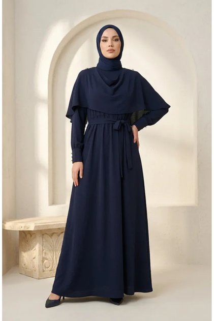 Cape Detailed Belted Hijab Dress 2291-03 Navy Blue