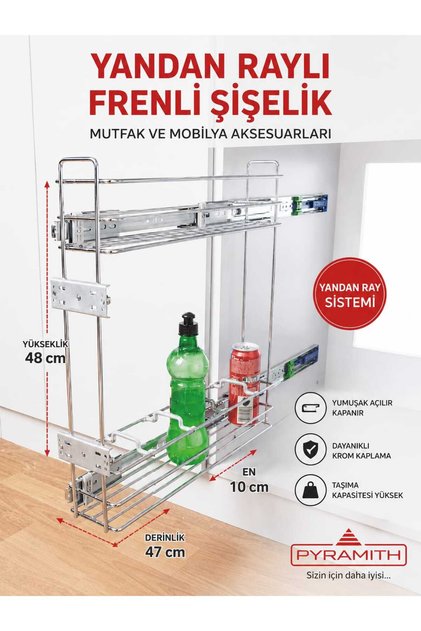 Beymes Pyramith 10 cm Yandan Teleskopik Frenli Raylı Deterjanlık Şişelik