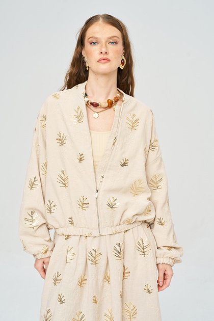 Women's Sequin Leaf Embroidered Bomber Jacket