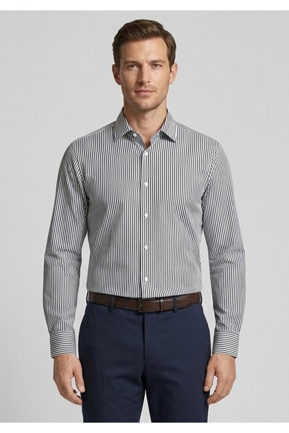 Erkek Regular Fit Çizgili Uzun Kollu Siyah Gömlek