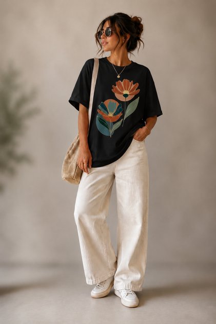 Minimal Double Floral Print Crew Neck Casual Unisex Oversize T-Shirt - Cotton Casual T-Shirt
