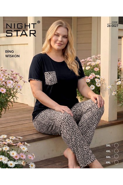 Angel Leopard Patterned Pocketed Ring Viscose Plus Size Pajama Set