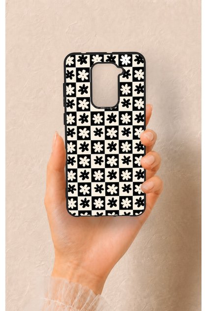 Redmi Note 9 Compatible Flower Motif Checkered Pattern Silicone Case