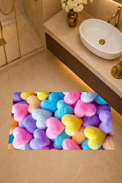 Modern Stylish Heart Pattern Pink Yellow Blue Purple Doormat, Colorful Non-Slip Base Washable Decorative Mat for Kids Room and Doorway