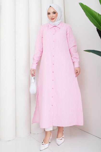 Women's Buttoned Pink Striped Hijab Shirt Dress