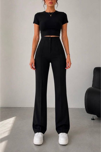 Women's Black High Waist Gathering Flared Leg Paazzo Pants