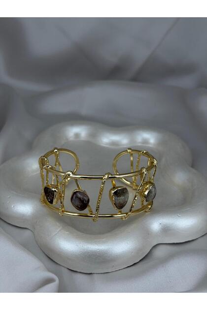 Women's Gold Color Geometric Natural Stone Detailed Adjustable Cuff Bracelet Modern Stylish Jewelry