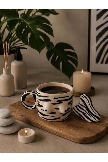 Zebra Desenli Memeli El yapımı Seramik Kupa ve Gua sha Seti