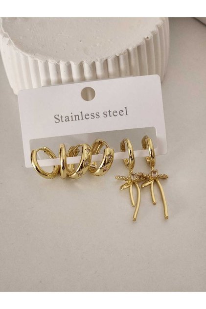 Kadın Gold Çelik 6'lı Çoklu Küpe Seti Zirkon Taşlı Fiyonk Ve Yıldız İşlemeli Halka Model Kararmaz Anti-Alerjik