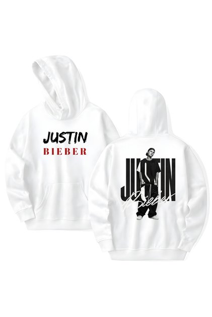 Justin Bieber Printed Cotton Long Sleeve Hooded Sweatshirt with 3 Yarns