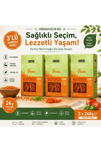 Glutensiz Proteinli Kırmızı Mercimek Makarnası Penne 3x240g